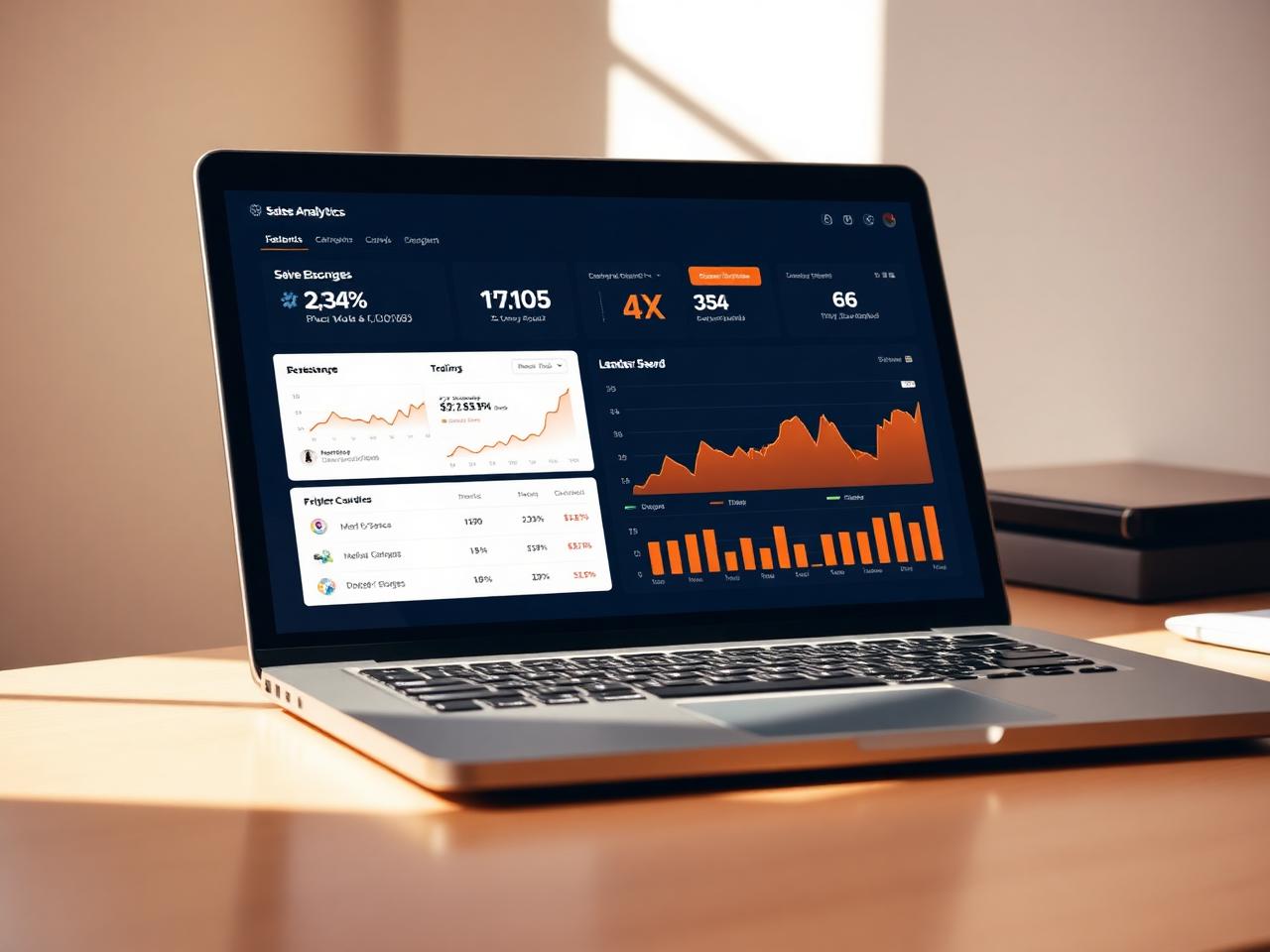 Sales team tracking dashboard showing B2B analytics, revenue charts, and rep leaderboards
